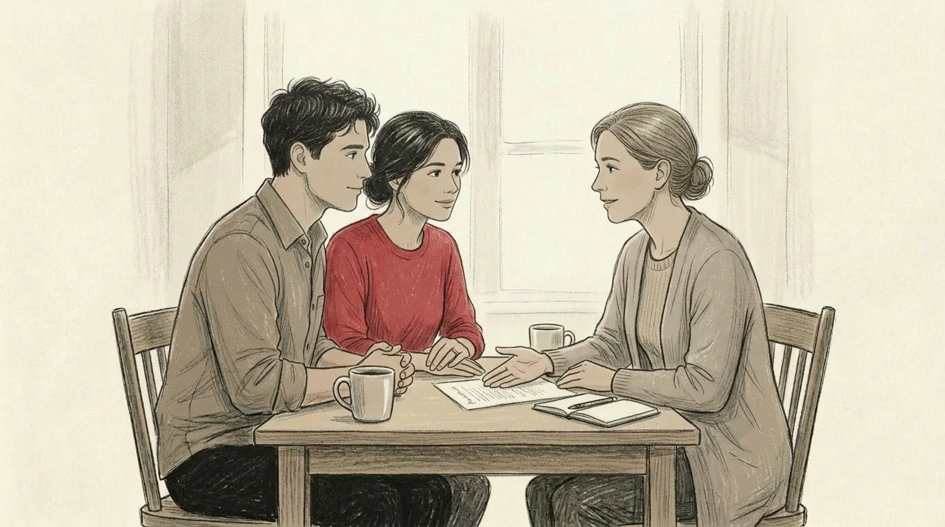 A facilitator sits with a couple at a small table, listening as they review a shared reflection together.