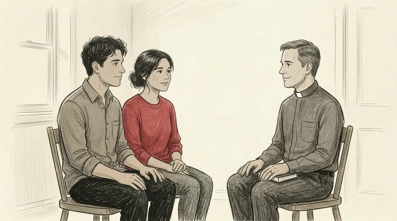 A pastor sits in a calm room with a couple, listening as they review a shared reflection together.