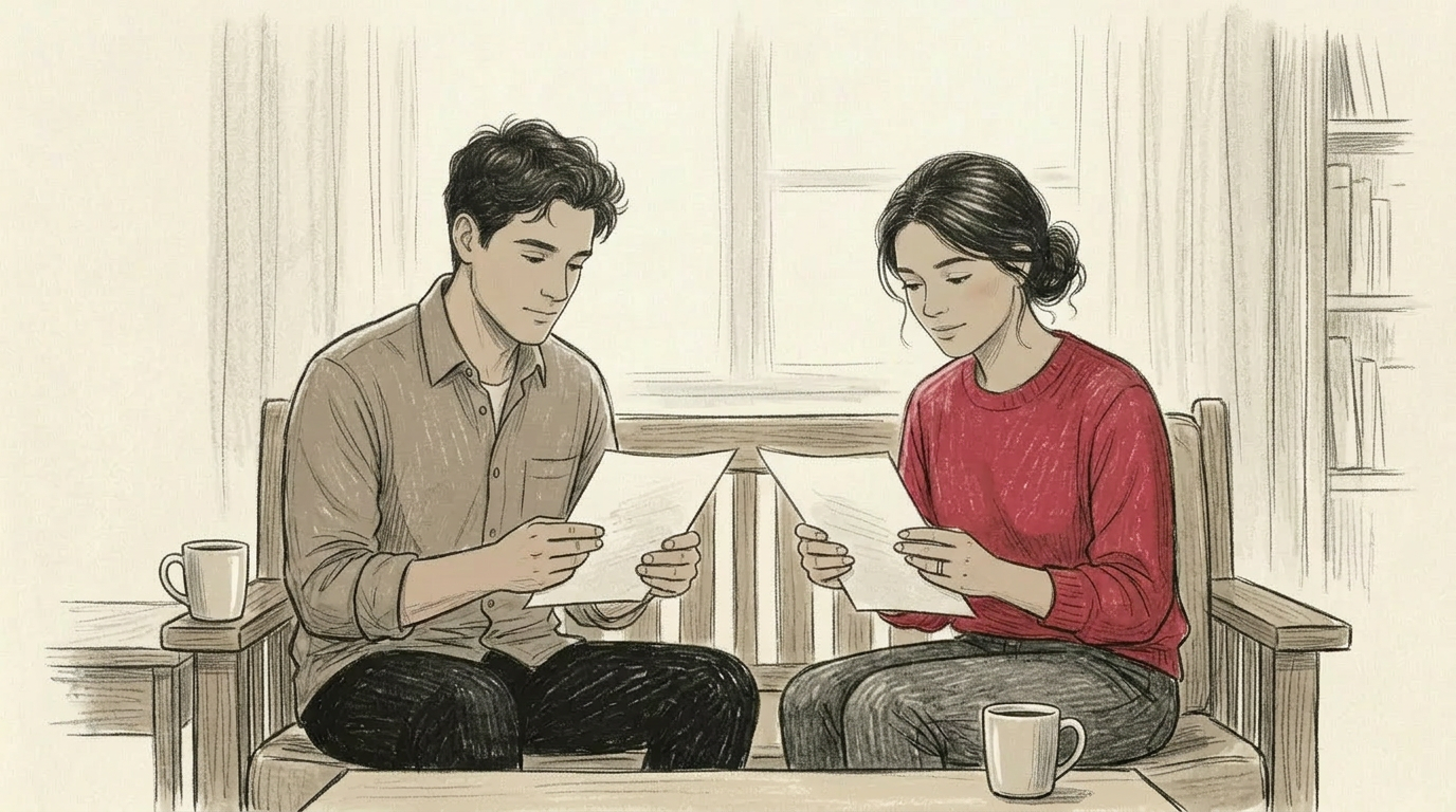 A couple seated side-by-side at a table, each quietly reading their own separate reflection sheet before coming together to compare.